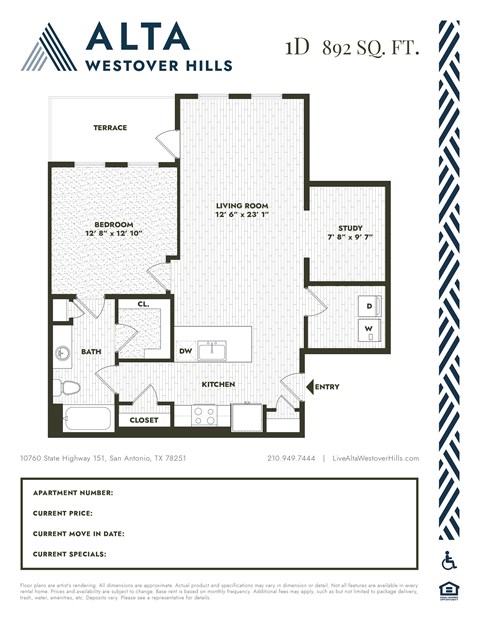 Floor plan for 1 bed, 1 bath, 892 sqft